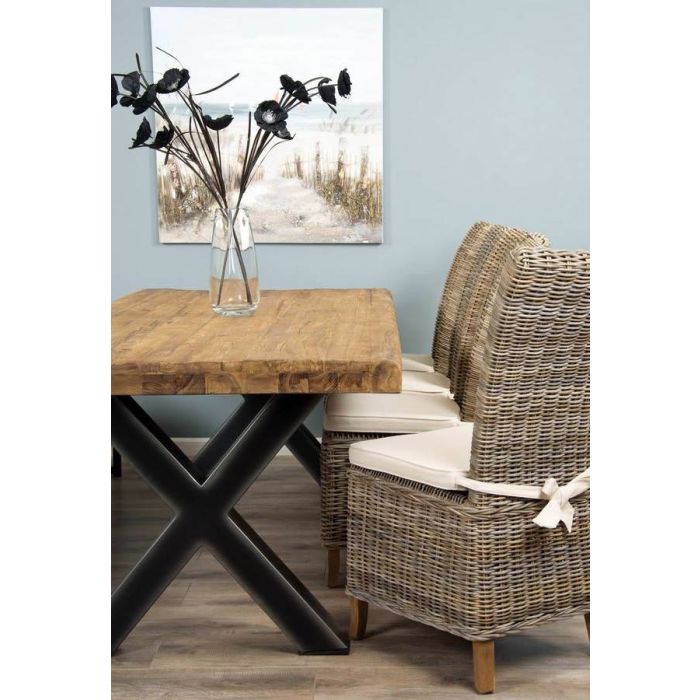 2.4m Reclaimed Teak Urban Fusion Cross Dining Table with One Backless Bench and 4 Latifa Dining Chairs  - 3