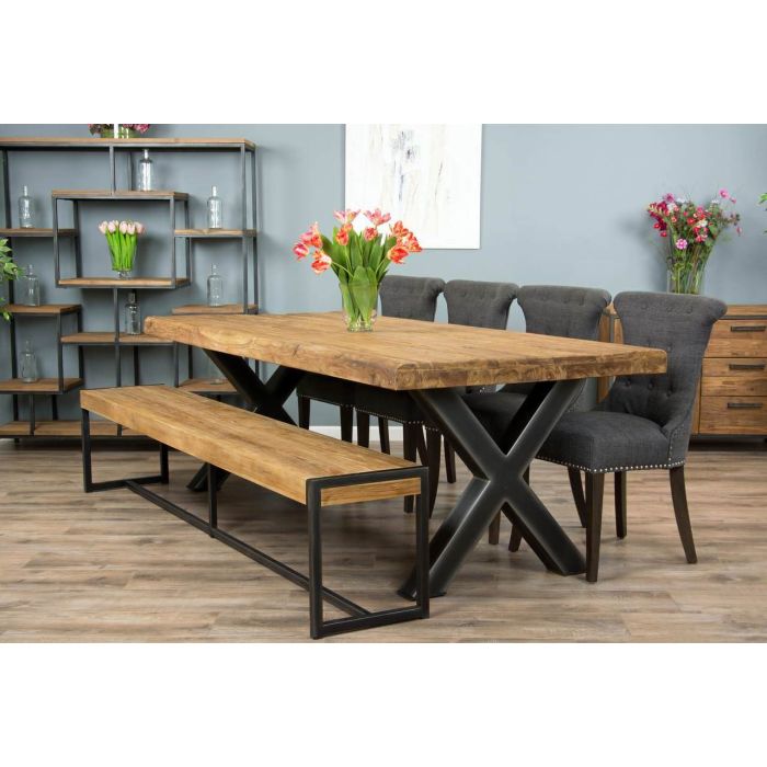 2.4m Reclaimed Teak Urban Fusion Cross Dining Table with One Backless Bench and 4 Dove grey Windsor Ring Back Dining Chairs  - 3