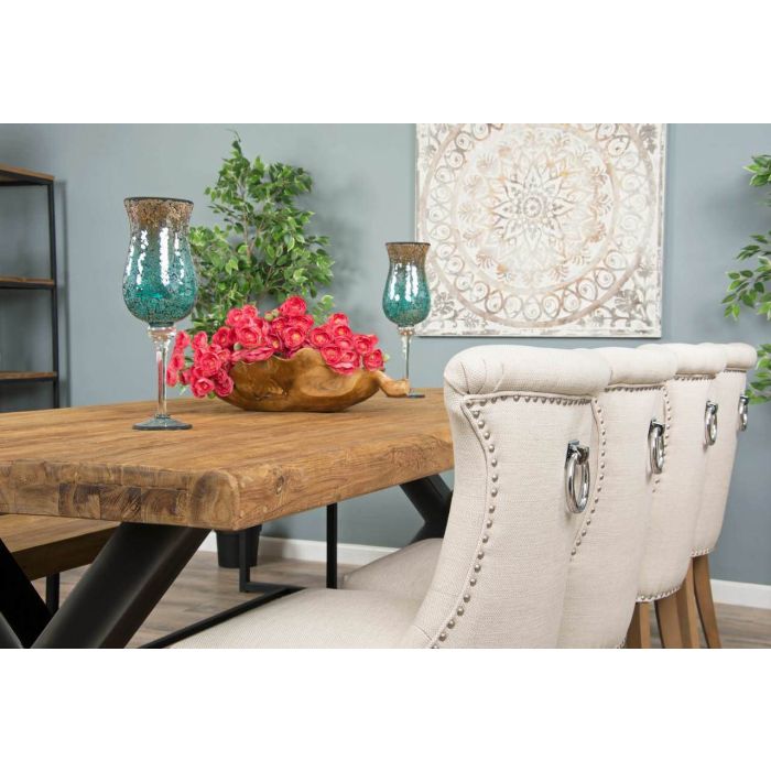 2.4m Reclaimed Teak Urban Fusion Cross Dining Table with One Backless Bench and 4 Natural Windsor Ring Back Dining Chairs - 1