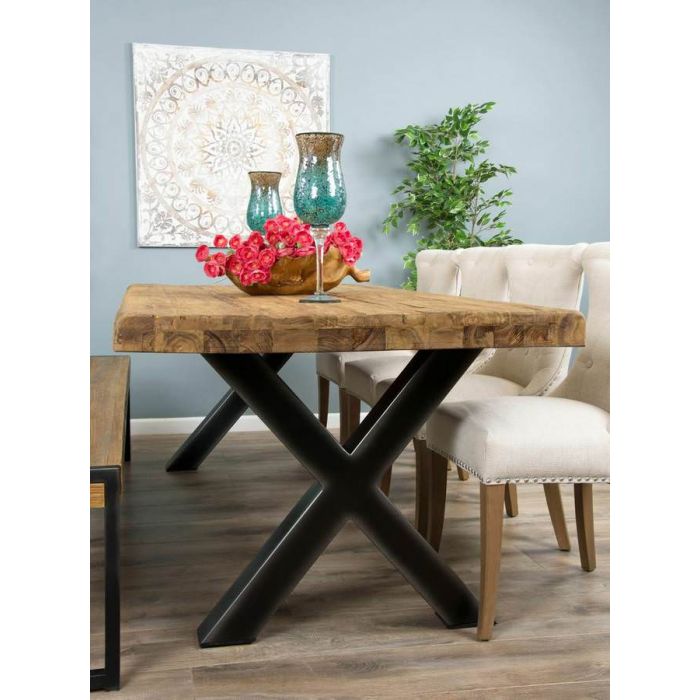 2.4m Reclaimed Teak Urban Fusion Cross Dining Table with One Backless Bench and 4 Natural Windsor Ring Back Dining Chairs - 2