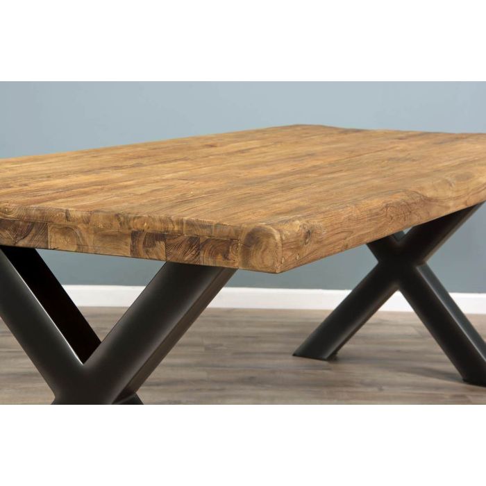 2.4m Reclaimed Teak Urban Fusion Cross Dining Table with One Backless Bench and 4 Dove grey Windsor Ring Back Dining Chairs  - 13