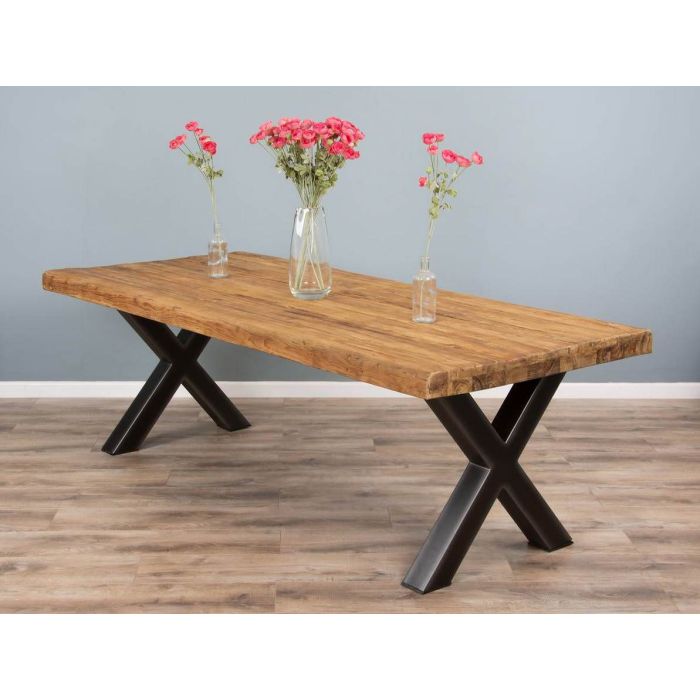 2.4m Reclaimed Teak Urban Fusion Cross Dining Table with 8 Natural Windsor Ring Back Dining Chairs  - 7