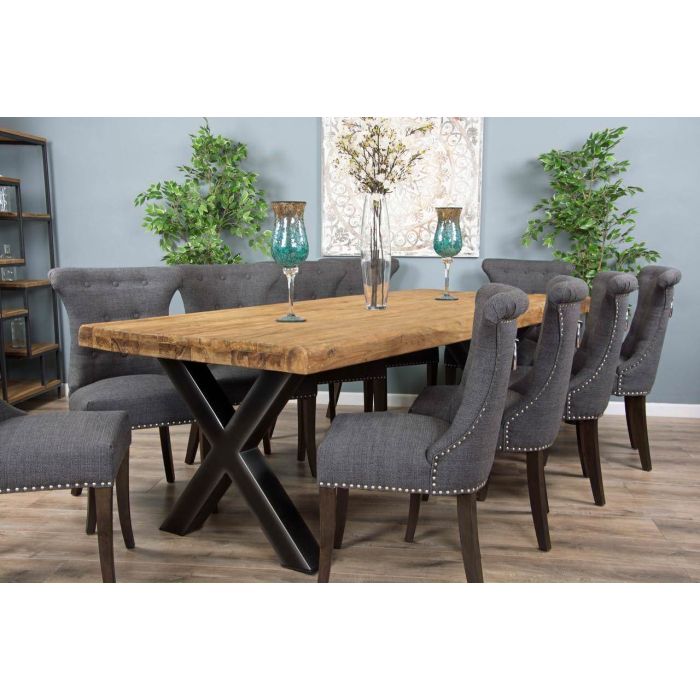2.4m Reclaimed Teak Urban Fusion Cross Dining Table with 8 Dove Grey Windsor Ring Back Dining Chairs - 8