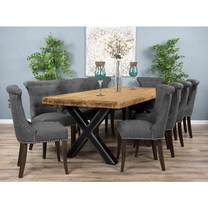 2.4m Reclaimed Teak Urban Fusion Cross Dining Table with 8 Dove Grey Windsor Ring Back Dining Chairs - 10
