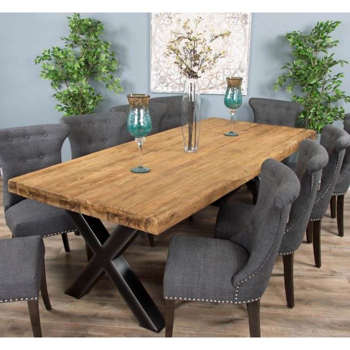 2.4m Reclaimed Teak Urban Fusion Cross Dining Table with 8 Dove Grey Windsor Ring Back Dining Chairs - 11