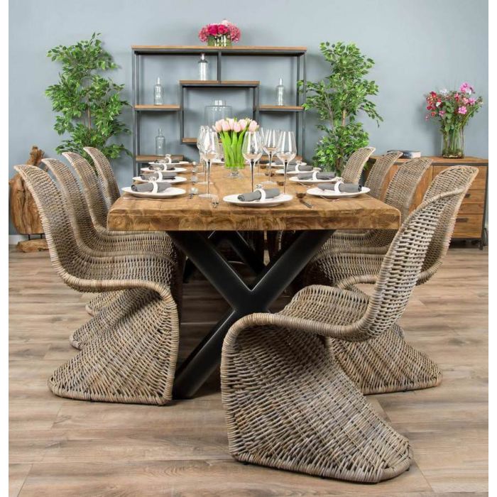 2.4m Reclaimed Teak Urban Fusion Cross Dining Table with 8 Stackable Zorro Chairs  - 10