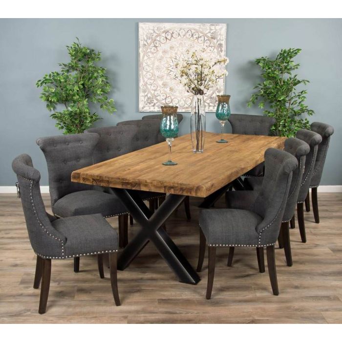 2.4m Reclaimed Teak Urban Fusion Cross Dining Table with 8 Dove Grey Windsor Ring Back Dining Chairs - 12