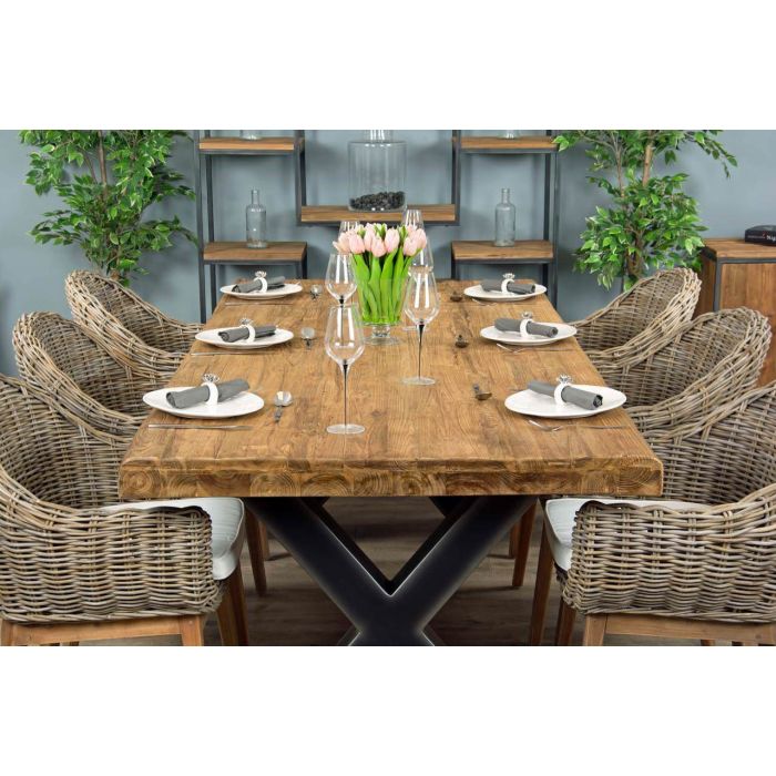 2.4m Reclaimed Teak Urban Fusion Cross Dining Table with 6 or 8 Scandi Armchairs - 10