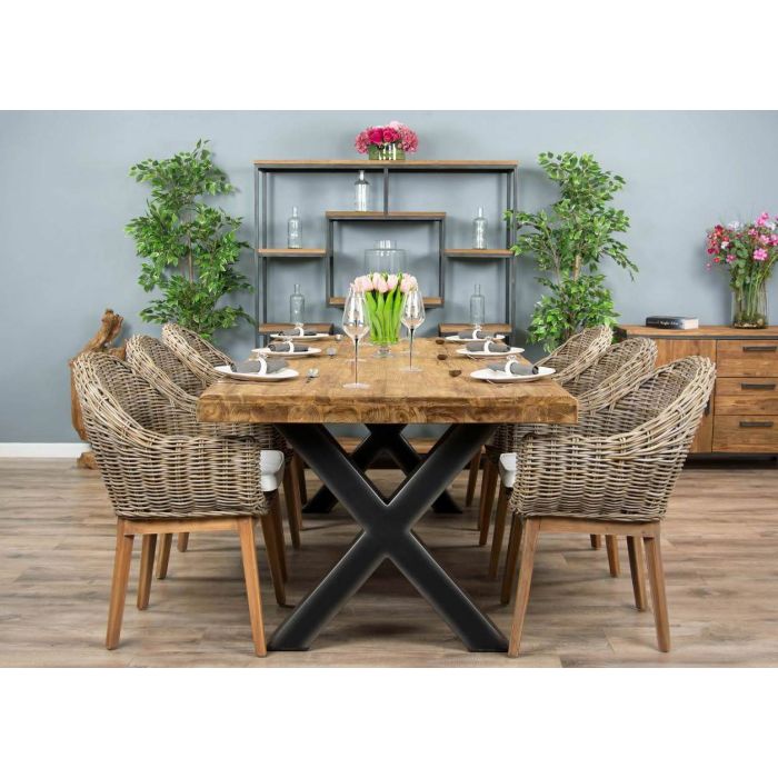 2.4m Reclaimed Teak Urban Fusion Cross Dining Table with 6 or 8 Scandi Armchairs - 2