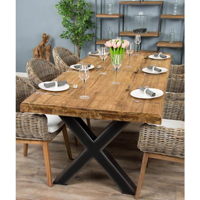 2.4m Reclaimed Teak Urban Fusion Cross Dining Table with 6 or 8 Scandi Armchairs - 4