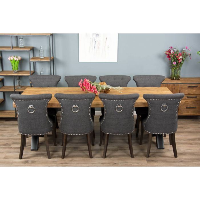 2.4m Reclaimed Teak Urban Fusion Cross Dining Table with 8 Dove Grey Windsor Ring Back Dining Chairs - 1