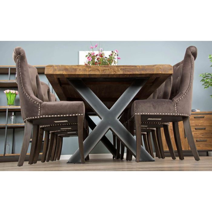 2.4m Reclaimed Teak Urban Fusion Cross Dining Table with 8 Velveteen Ring Back Dining Chairs  - 2