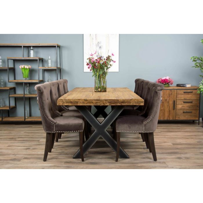 2.4m Reclaimed Teak Urban Fusion Cross Dining Table with 8 Velveteen Ring Back Dining Chairs  - 3