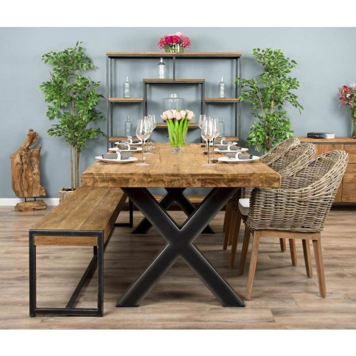 2.4m Reclaimed Teak Urban Fusion Cross Dining Table with One Backless Bench and 3 Scandi Armchairs - 2