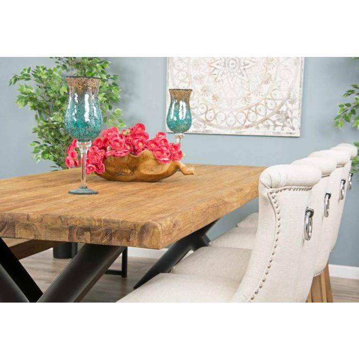 2.4m Reclaimed Teak Urban Fusion Cross Dining Table with One Backless Bench and 4 Natural Windsor Ring Back Dining Chairs - 3
