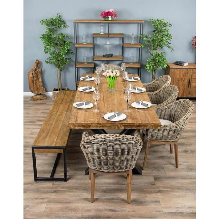 2.4m Reclaimed Teak Urban Fusion Cross Dining Table with One Backless Bench and 3 Scandi Armchairs - 10