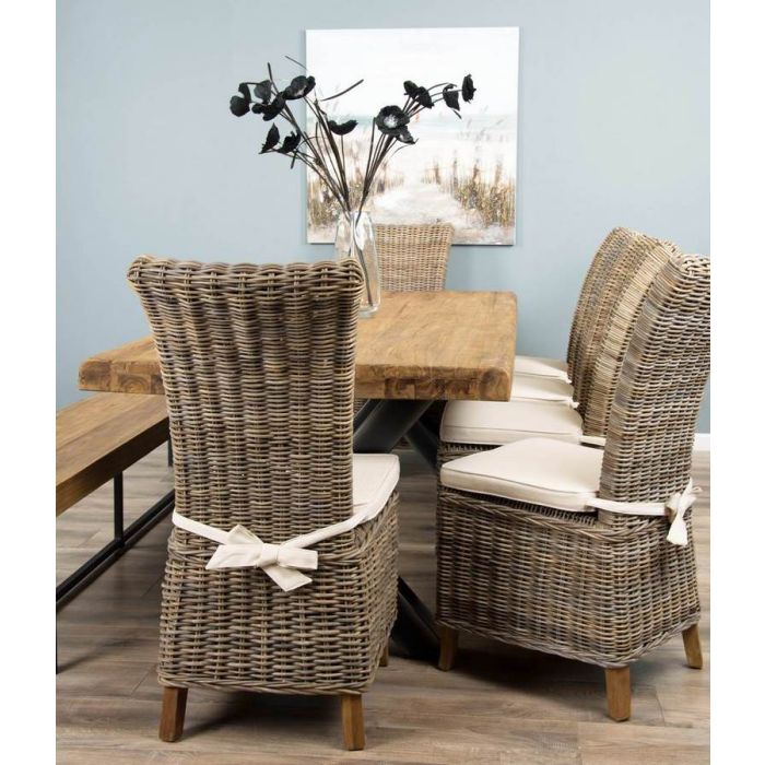 2.4m Reclaimed Teak Urban Fusion Cross Dining Table with One Backless Bench and 4 Latifa Dining Chairs  - 7