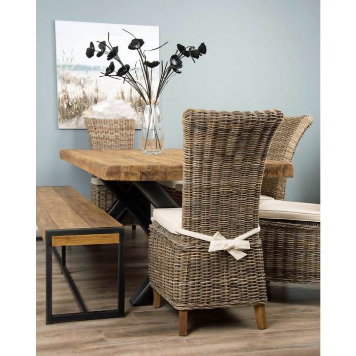 2.4m Reclaimed Teak Urban Fusion Cross Dining Table with One Backless Bench and 4 Latifa Dining Chairs  - 5