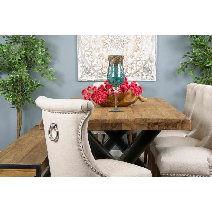 2.4m Reclaimed Teak Urban Fusion Cross Dining Table with One Backless Bench and 4 Natural Windsor Ring Back Dining Chairs - 6