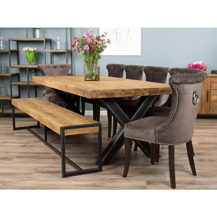 2.4m Reclaimed Teak Urban Fusion Cross Dining Table with One Backless Bench and 4 Velveteen Ring Back Dining Chairs - 11