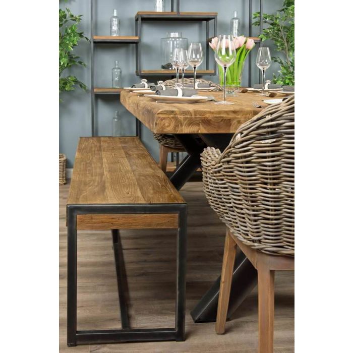 2.4m Reclaimed Teak Urban Fusion Cross Dining Table with One Backless Bench and 3 Scandi Armchairs - 9