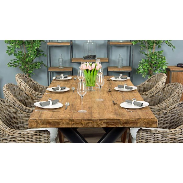 2.4m Reclaimed Teak Urban Fusion Cross Dining Table with 6 or 8 Scandi Armchairs - 8