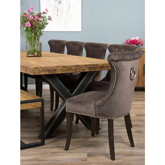 2.4m Reclaimed Teak Urban Fusion Cross Dining Table with One Backless Bench and 4 Velveteen Ring Back Dining Chairs - 7