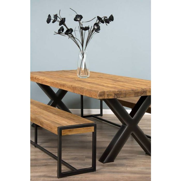 2.4m Reclaimed Teak Urban Fusion Cross Dining Table with Two Backless Benches  - 3