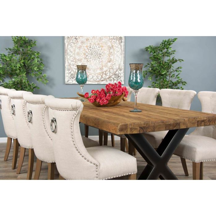 2.4m Reclaimed Teak Urban Fusion Cross Dining Table with 8 Natural Windsor Ring Back Dining Chairs  - 1
