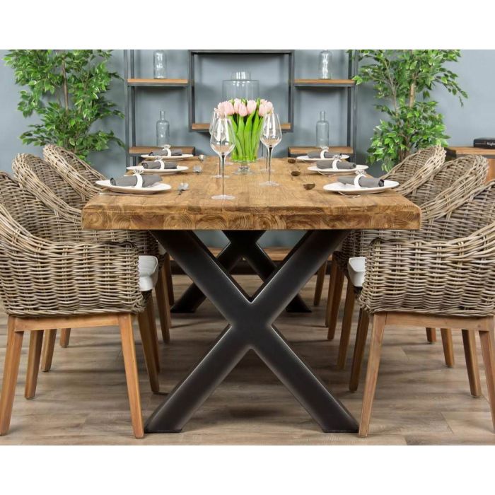 2.4m Reclaimed Teak Urban Fusion Cross Dining Table with 6 or 8 Scandi Armchairs - 3
