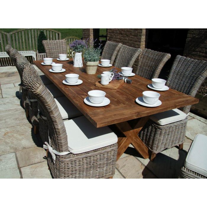 2.4m Reclaimed Teak Outdoor Open Slatted Cross Leg Table with 10 Latifa Chairs - 1