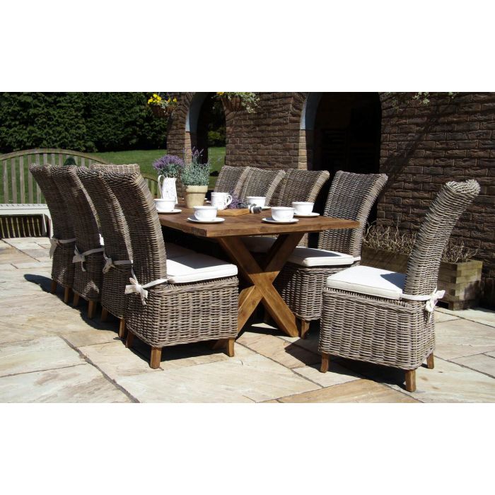 2.4m Reclaimed Teak Outdoor Open Slatted Cross Leg Table with 10 Latifa Chairs - 3