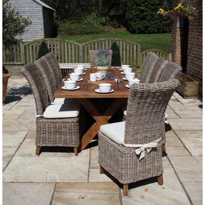 2.4m Reclaimed Teak Outdoor Open Slatted Cross Leg Table with 10 Latifa Chairs - 4