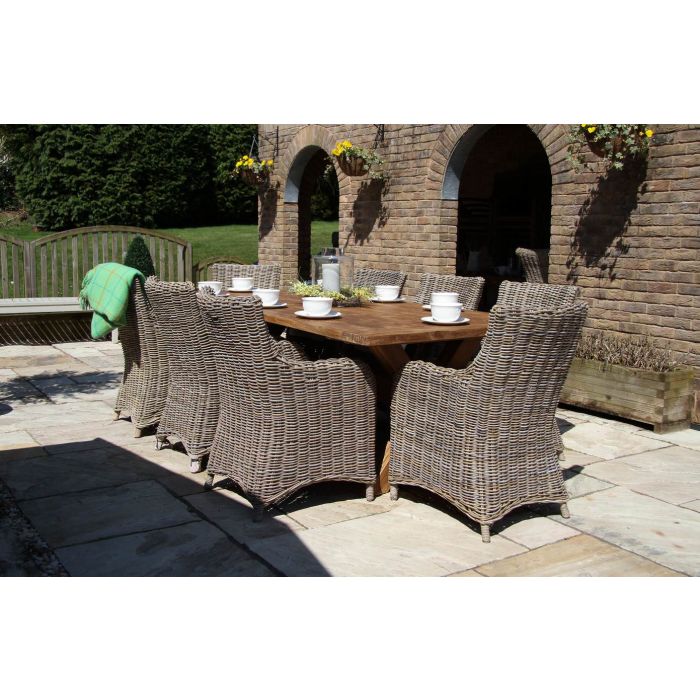 2.4m Reclaimed Teak Outdoor Open Slatted Cross Leg Table with 8 Donna Armchairs - 3