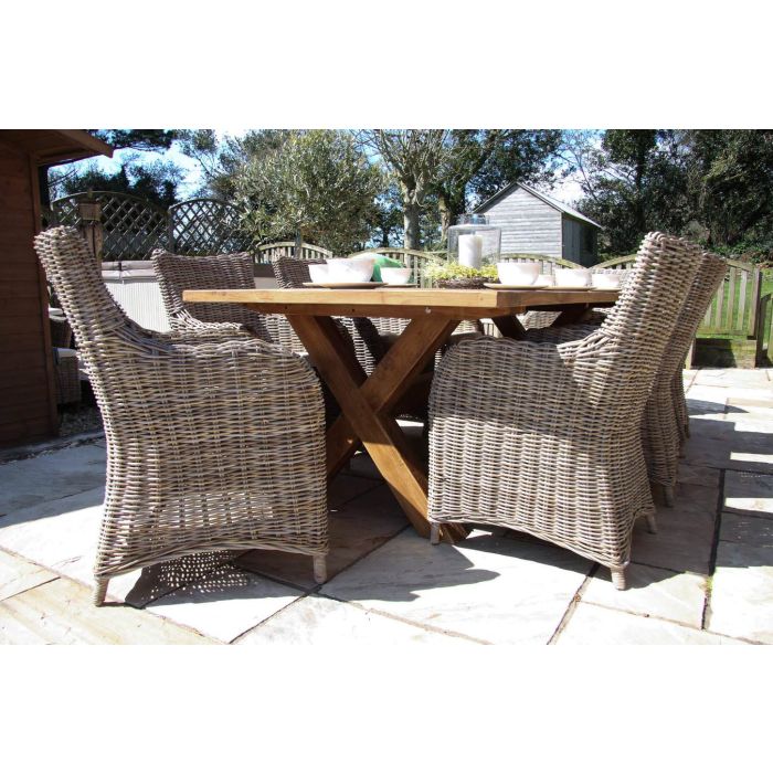 2.4m Reclaimed Teak Outdoor Open Slatted Cross Leg Table with 8 Donna Armchairs - 4