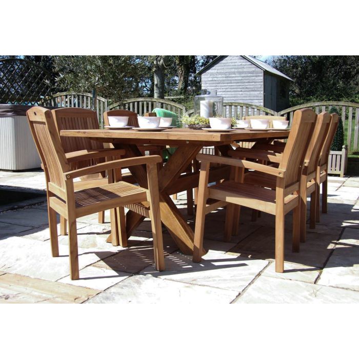 2.4m Reclaimed Teak Outdoor Open Slatted Cross Leg Table with 8 Marley Armchairs - 2