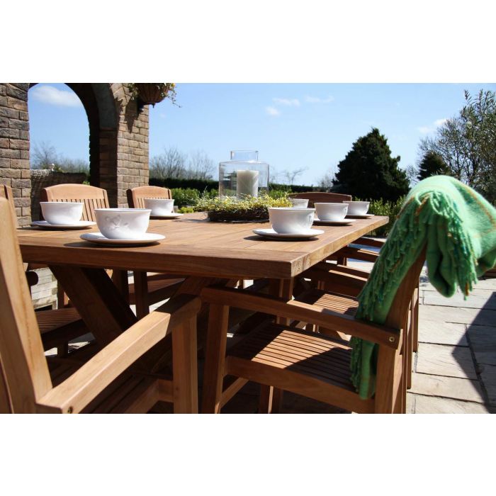 2.4m Reclaimed Teak Outdoor Open Slatted Cross Leg Table with 8 Marley Armchairs - 8