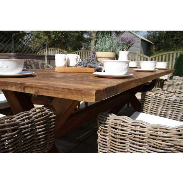 2.4m Reclaimed Teak Outdoor Open Slatted Cross Leg Table with 8 Scandi Armchairs - 10
