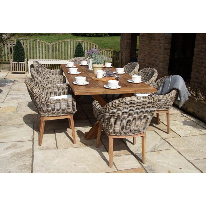 2.4m Reclaimed Teak Outdoor Open Slatted Cross Leg Table with 8 Scandi Armchairs - 2