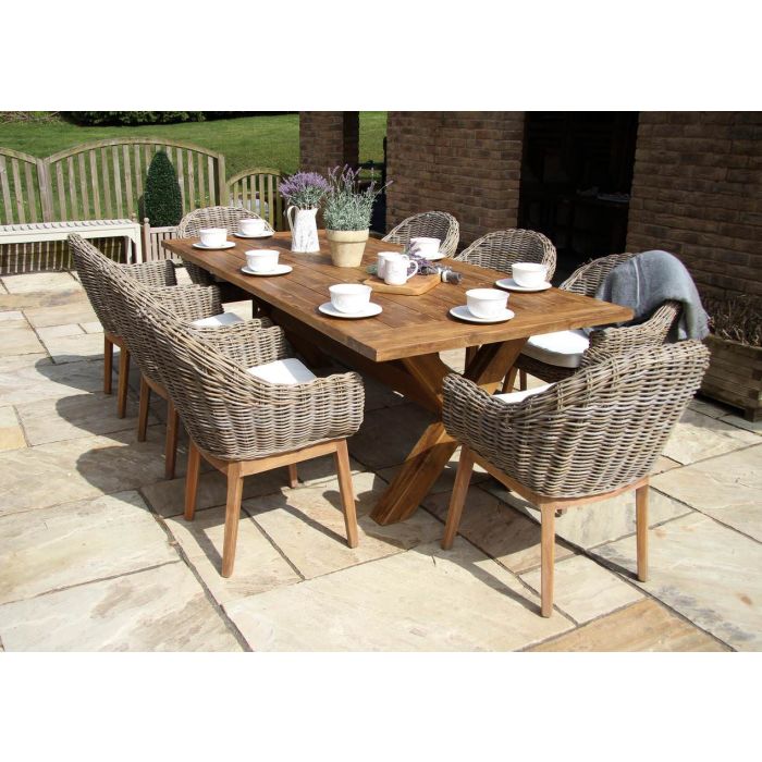 2.4m Reclaimed Teak Outdoor Open Slatted Cross Leg Table with 8 Scandi Armchairs - 3