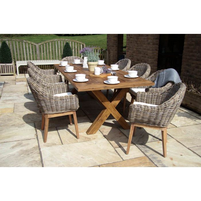 2.4m Reclaimed Teak Outdoor Open Slatted Cross Leg Table with 8 Scandi Armchairs - 5