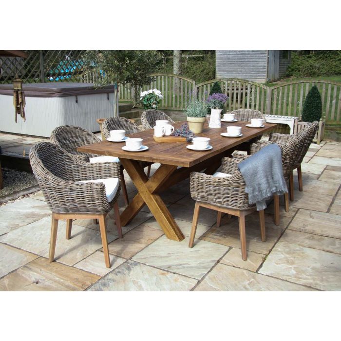 2.4m Reclaimed Teak Outdoor Open Slatted Cross Leg Table with 8 Scandi Armchairs - 4