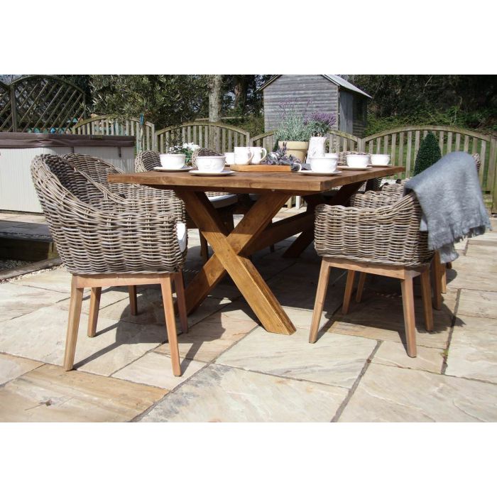 2.4m Reclaimed Teak Outdoor Open Slatted Cross Leg Table with 8 Scandi Armchairs - 6