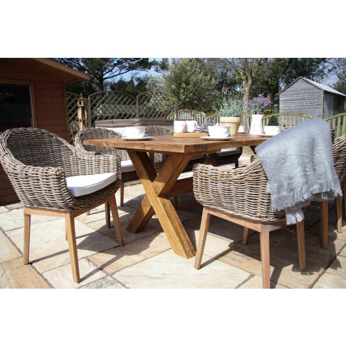 2.4m Reclaimed Teak Outdoor Open Slatted Cross Leg Table with 8 Scandi Armchairs - 7