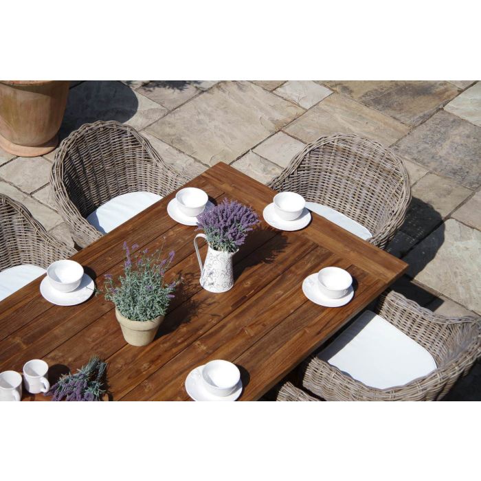2.4m Reclaimed Teak Outdoor Open Slatted Cross Leg Table with 8 Scandi Armchairs - 9