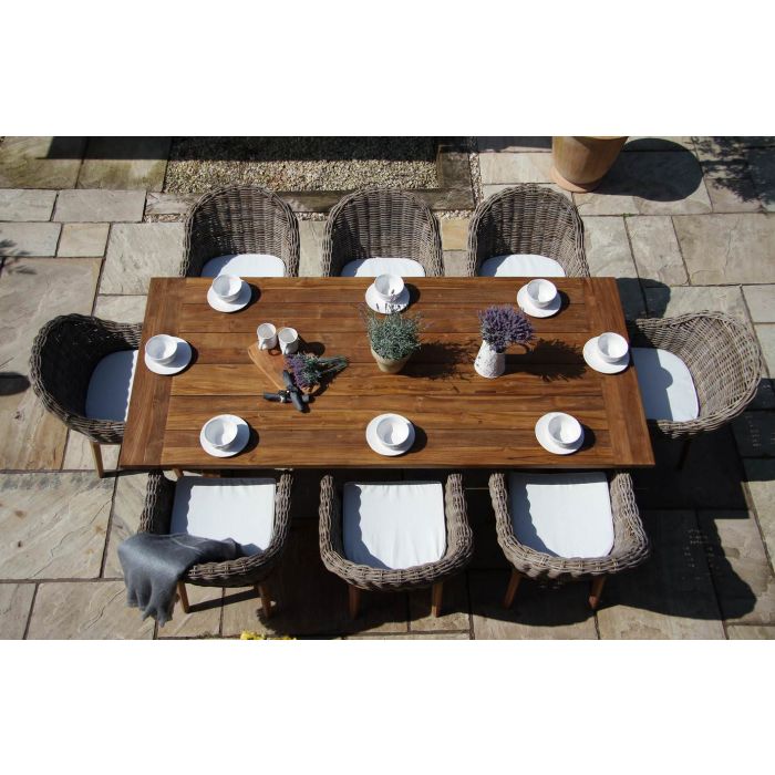 2.4m Reclaimed Teak Outdoor Open Slatted Cross Leg Table with 8 Scandi Armchairs - 8
