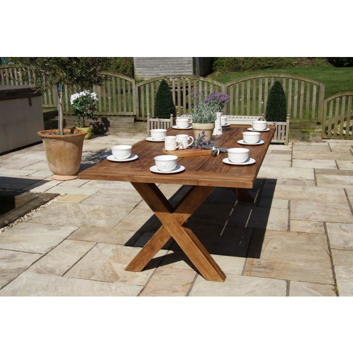 2.4m Reclaimed Teak Outdoor Open Slatted Cross Leg Table with 8 Donna Armchairs - 8