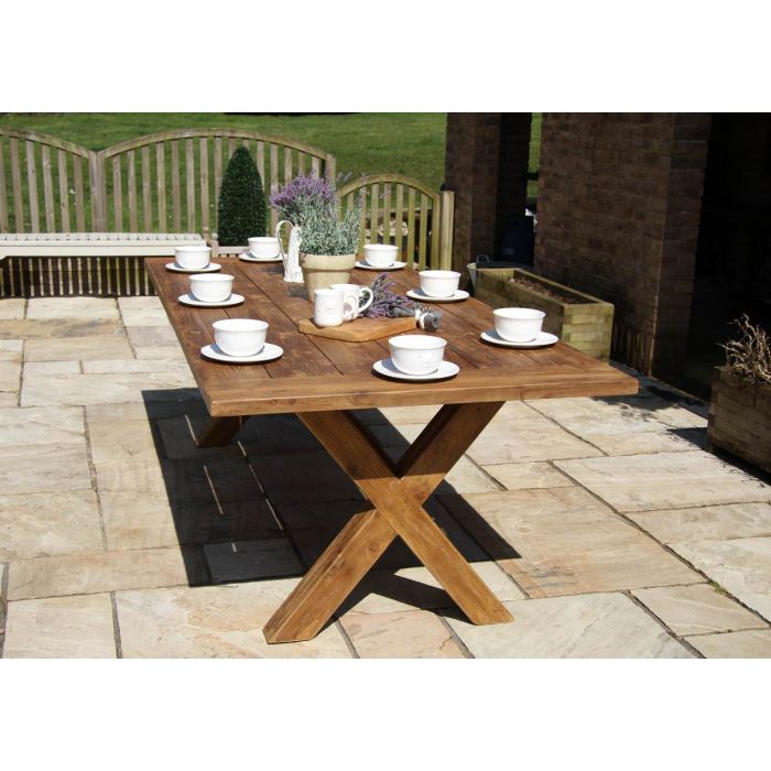 2.4m Reclaimed Teak Outdoor Open Slatted Cross Leg Table with 8 Donna Armchairs - 14