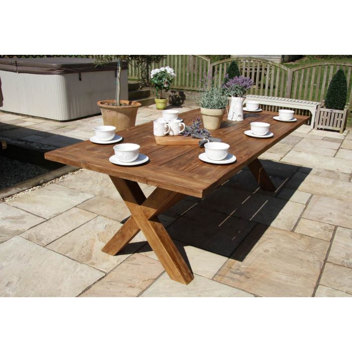 2.4m Reclaimed Teak Outdoor Open Slatted Cross Leg Table - 2