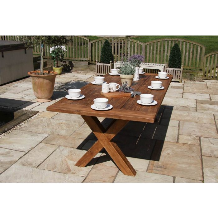 2.4m Reclaimed Teak Outdoor Open Slatted Cross Leg Table - 5